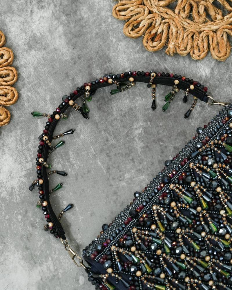 Blue silk beads embroidered clutch