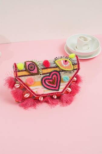 Multicolor jacquard beads embroidered clutch
