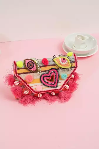 Multicolor jacquard beads embroidered clutch