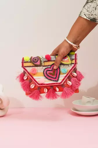 multicolor jacquard beads embroidered statement clutch