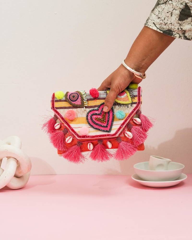 Multicolor jacquard beads embroidered clutch