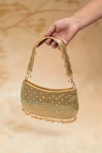 Gold silk embroidered clutch