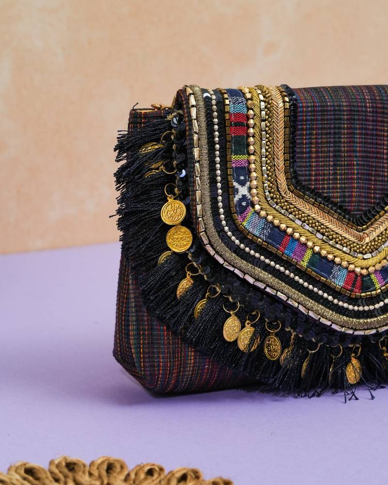 Multicolor jacquard thread embroidered clutch