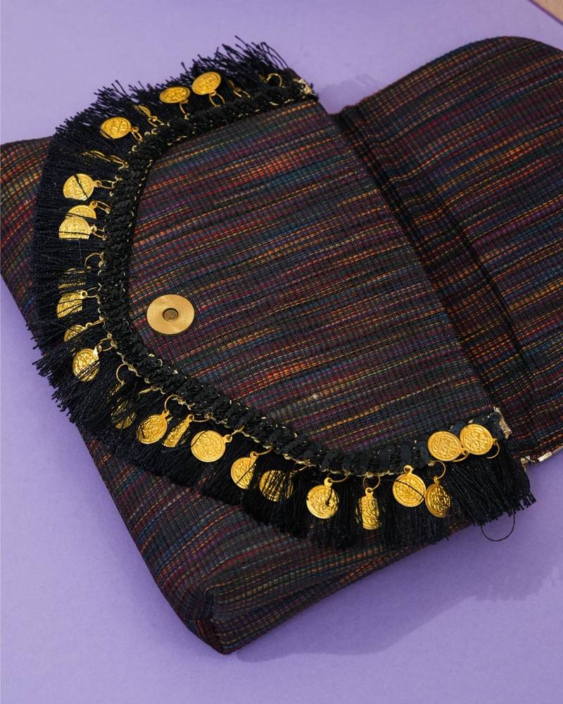 Multicolor jacquard thread embroidered clutch