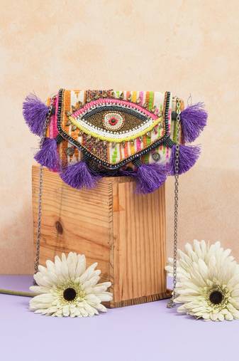 Multicolor jacquard beads embroidered clutch