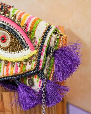 multicolor beads & tassel embellished jacquard sling clutch 2