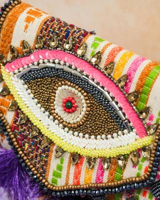 multicolor beads & tassel embellished jacquard sling clutch 3