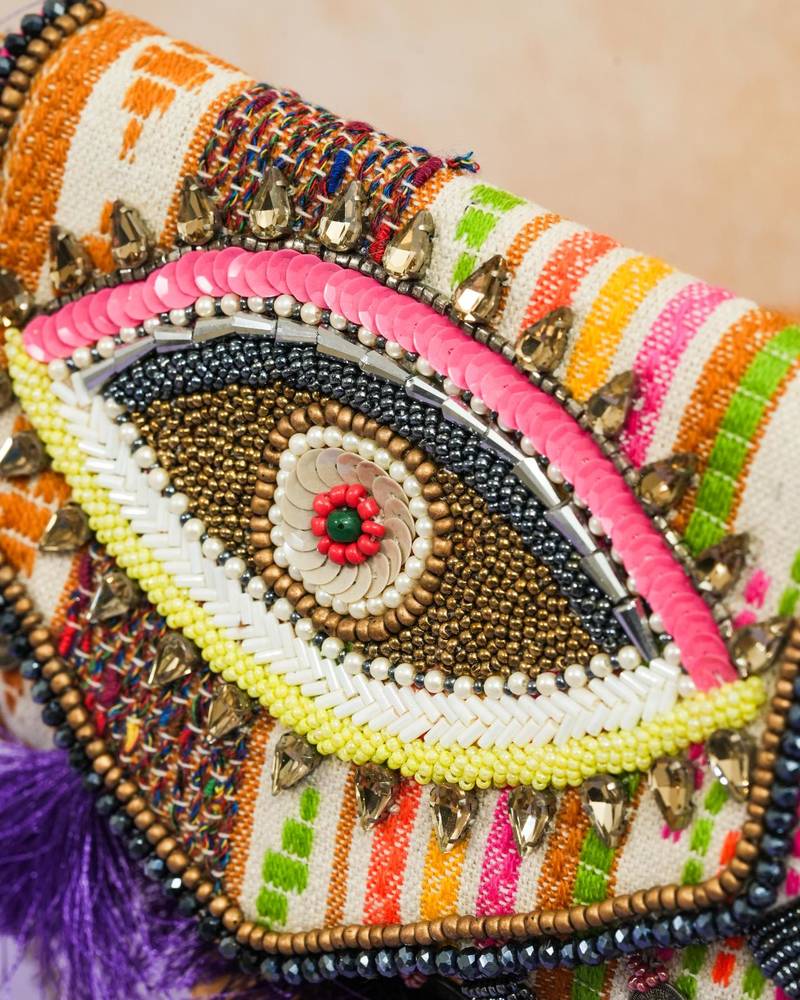 Multicolor jacquard beads embroidered clutch