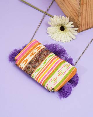 multicolor beads & tassel embellished jacquard sling clutch 4