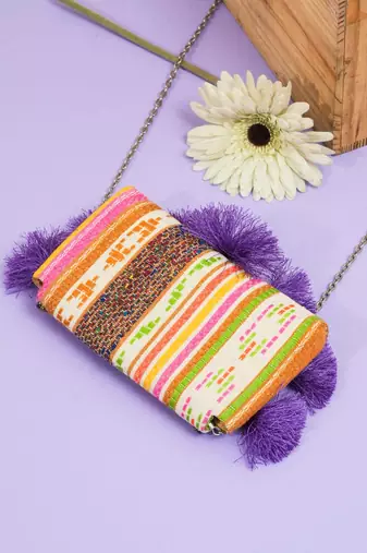 multicolor beads & tassel embellished jacquard sling clutch