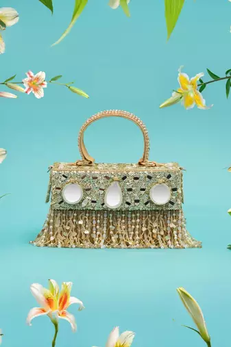 Multicolor silk pearl embroidered clutch