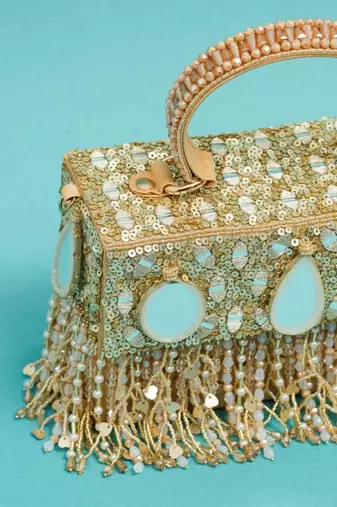 women’s multicolor embroidered silk clutch with mirror work
