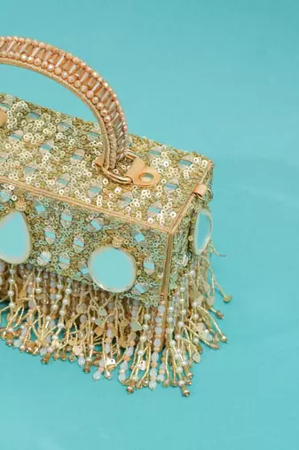 women’s multicolor embroidered silk clutch with mirror work