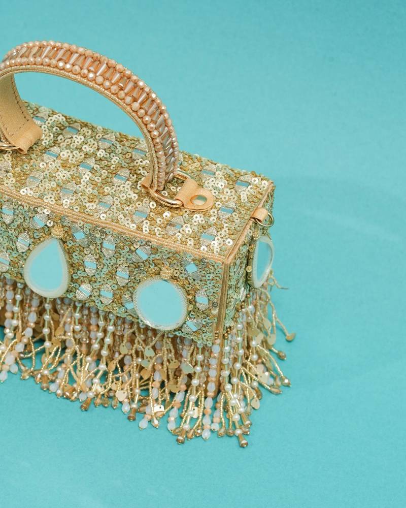 Multicolor silk pearl embroidered clutch