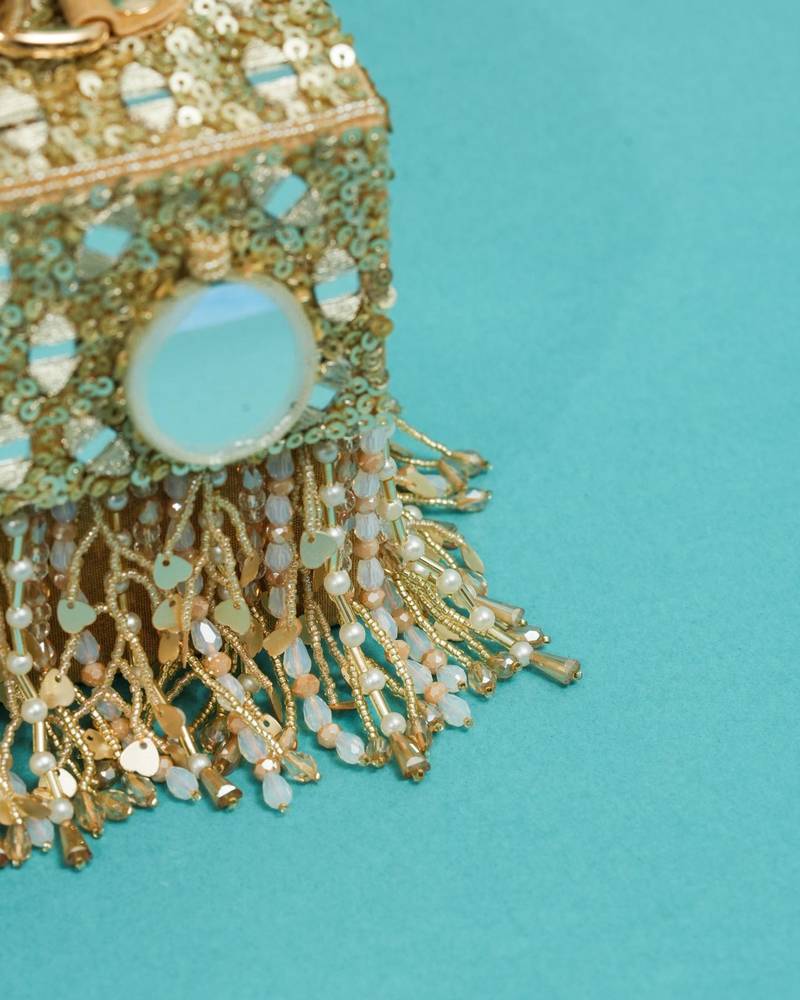 Multicolor silk pearl embroidered clutch