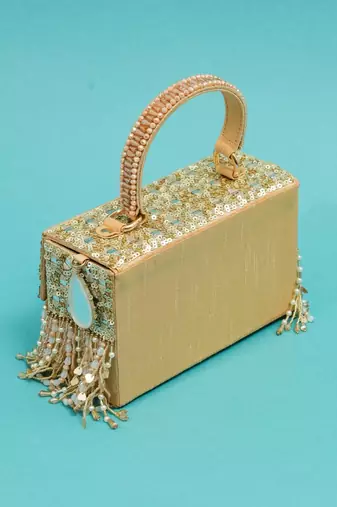 women’s multicolor embroidered silk clutch with mirror work