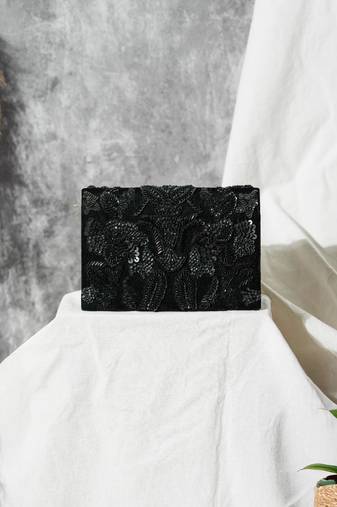 Black velvet sequin embroidered clutch