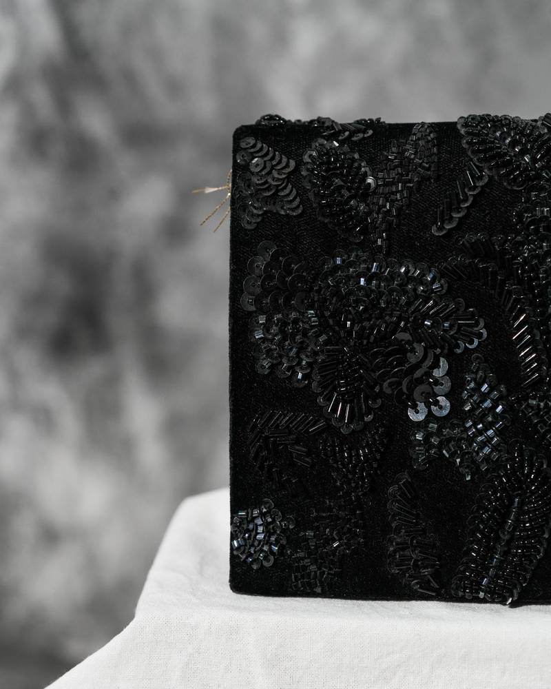 Black velvet sequin embroidered clutch