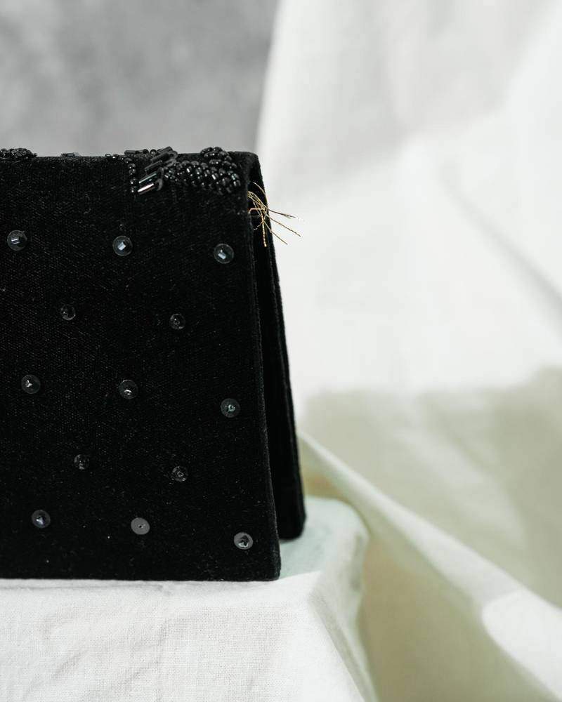 Black velvet sequin embroidered clutch