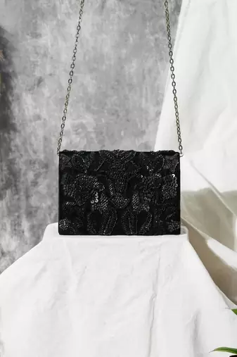 black velvet sequin embroidered party wear clutch