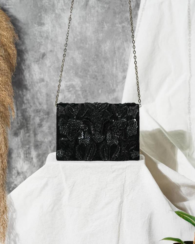 Black velvet sequin embroidered clutch