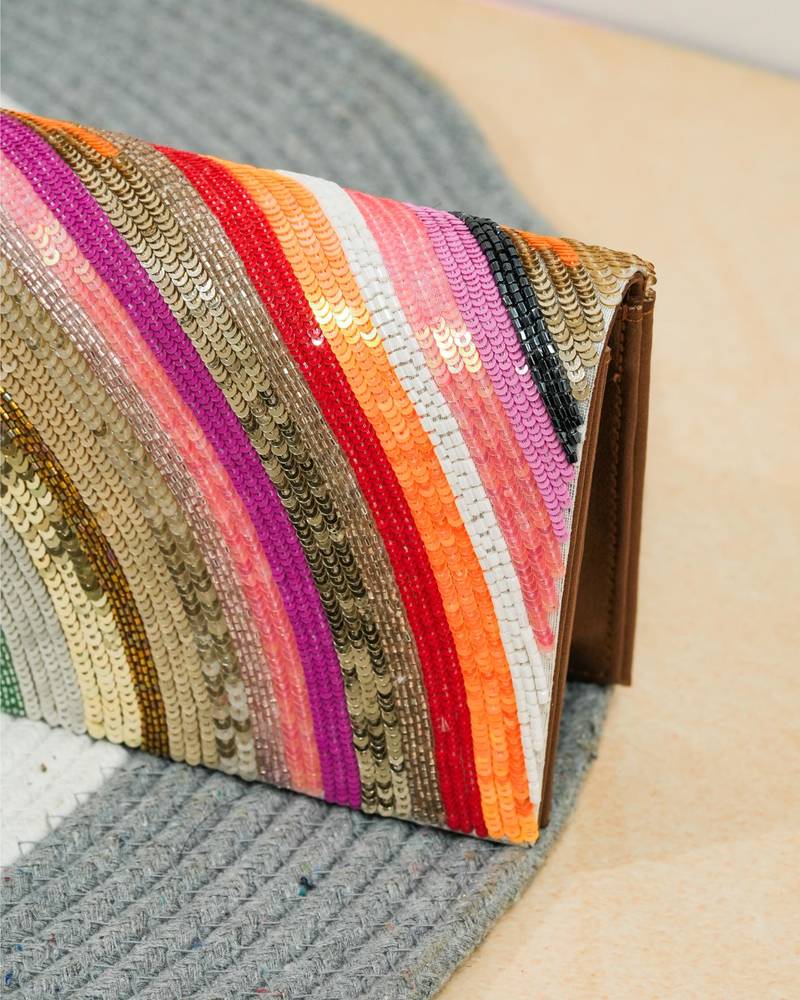 Multicolor silk sequin embroidered clutch