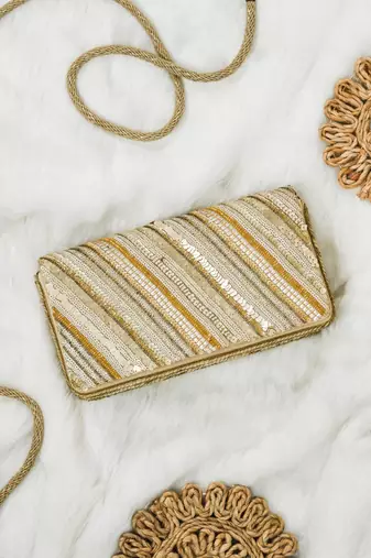Gold silk sequin embroidered clutch