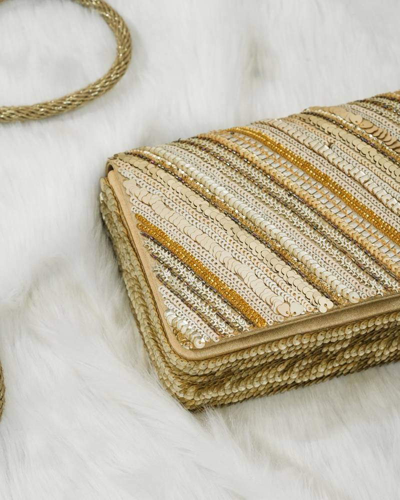 Gold silk sequin embroidered clutch