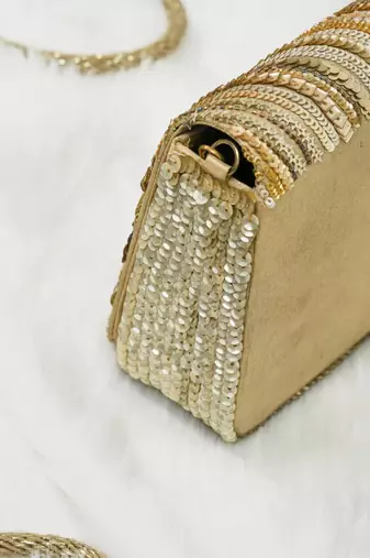 handcrafted gold silk sequin embroidered party clutch