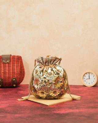 festive gold silk floral embroidered potli bag 1