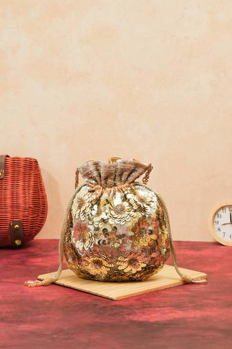 Gold silk floral embroidered potli bag