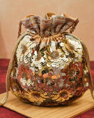 festive gold silk floral embroidered potli bag 2
