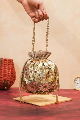 festive gold silk floral embroidered potli bag