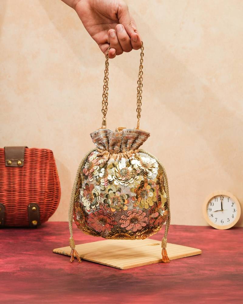 Gold silk floral embroidered potli bag