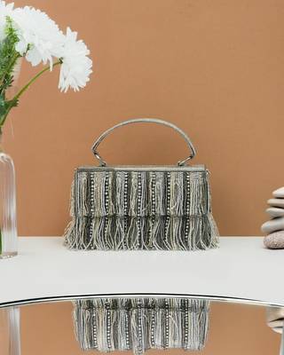 grey embroidered silk beads handheld clutch bag 1