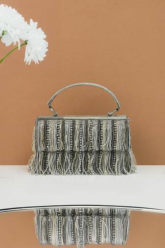 Grey silk beads embroidered clutch