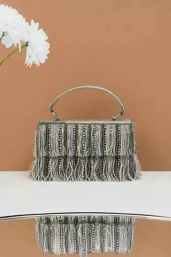 Grey silk beads embroidered clutch