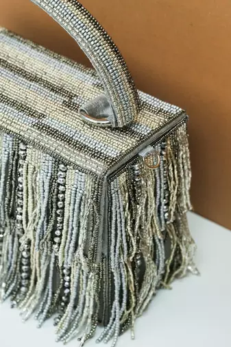 grey embroidered silk beads handheld clutch bag