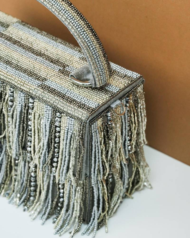 Grey silk beads embroidered clutch