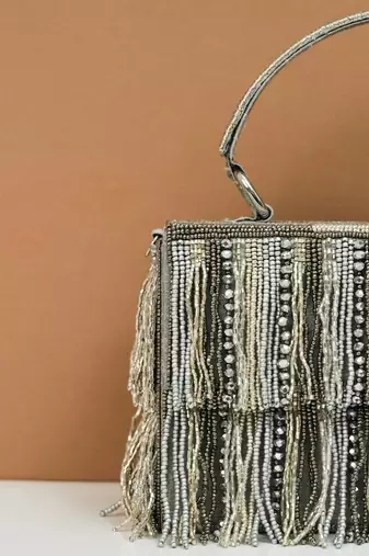 grey embroidered silk beads handheld clutch bag
