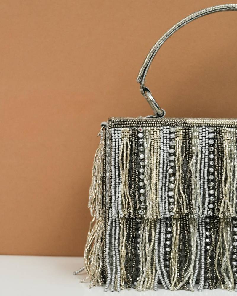 Grey silk beads embroidered clutch