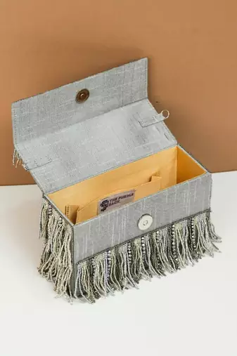 grey embroidered silk beads handheld clutch bag