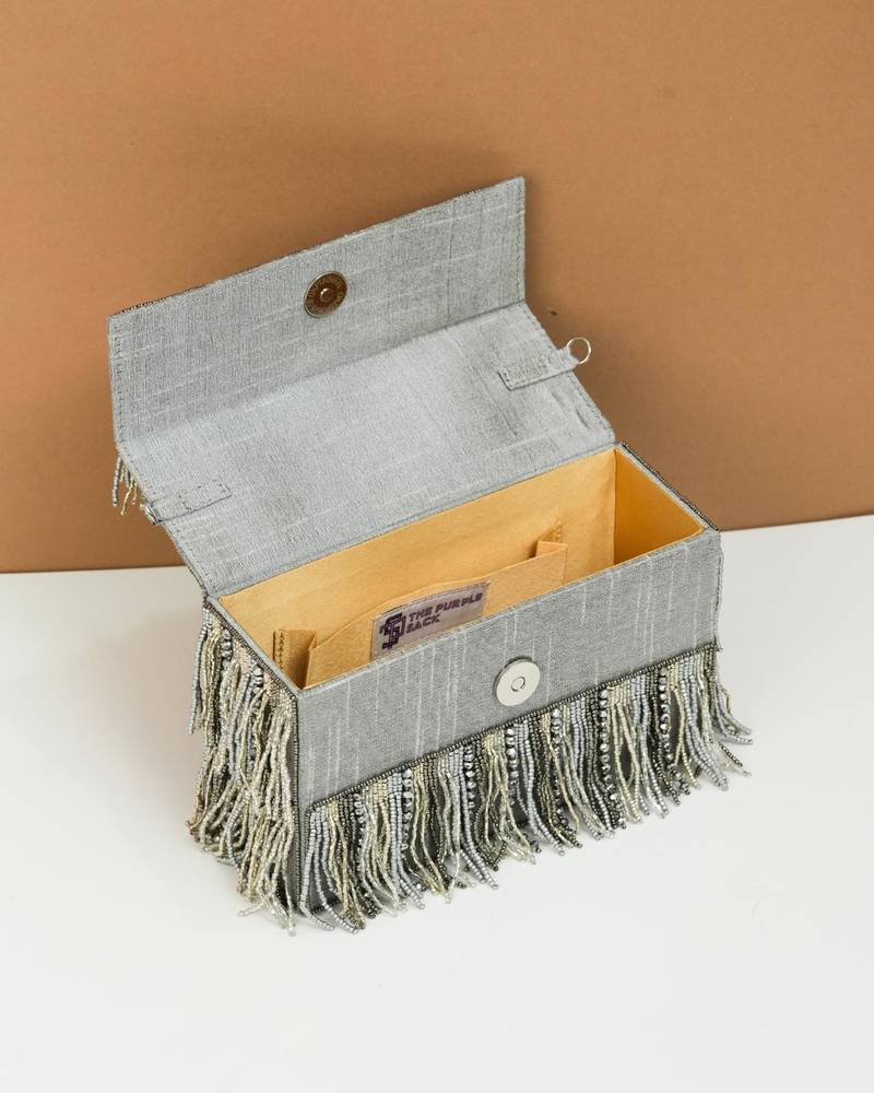 Grey silk beads embroidered clutch