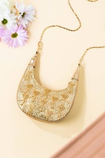 Gold leather sequin embroidered clutch