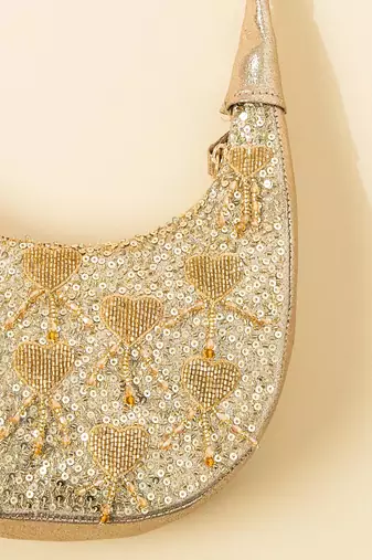 gold sequin embroidered leather party clutch bag