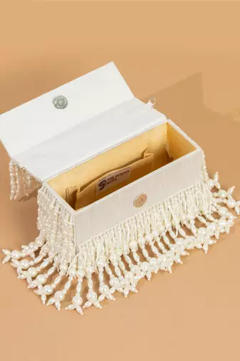 white pearl embroidered silk handheld clutch bag