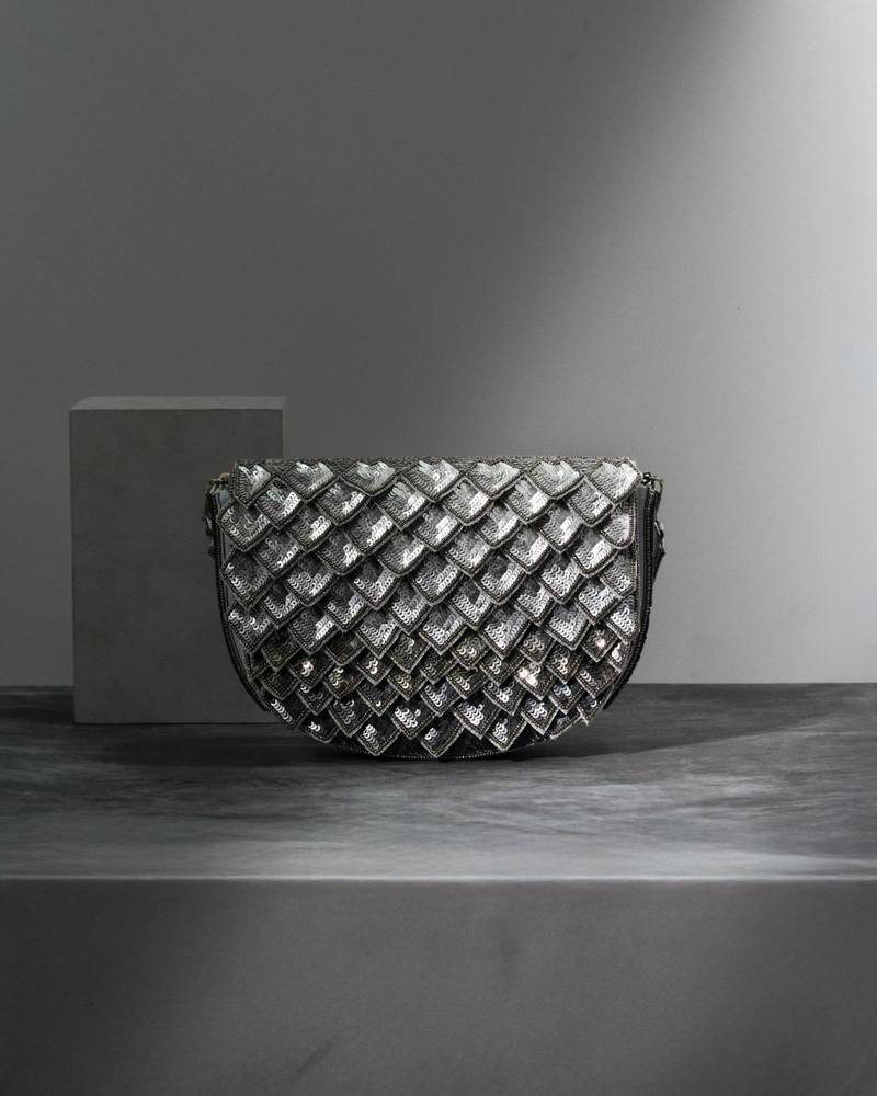 Grey silk sequin embroidered clutch