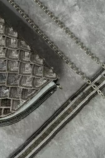 shimmer grey silk sequin embroidered handheld clutch