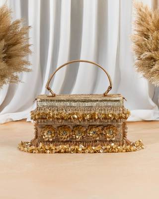 gold silk floral embroidered party clutch for women 1