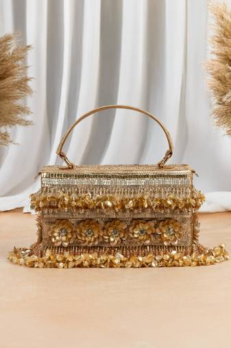 Gold silk floral embroidered clutch